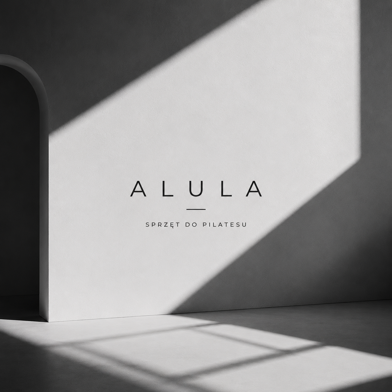 Logo Alula — sprzęt do pilatesu na jasnej ścianie w grze światła i cienia